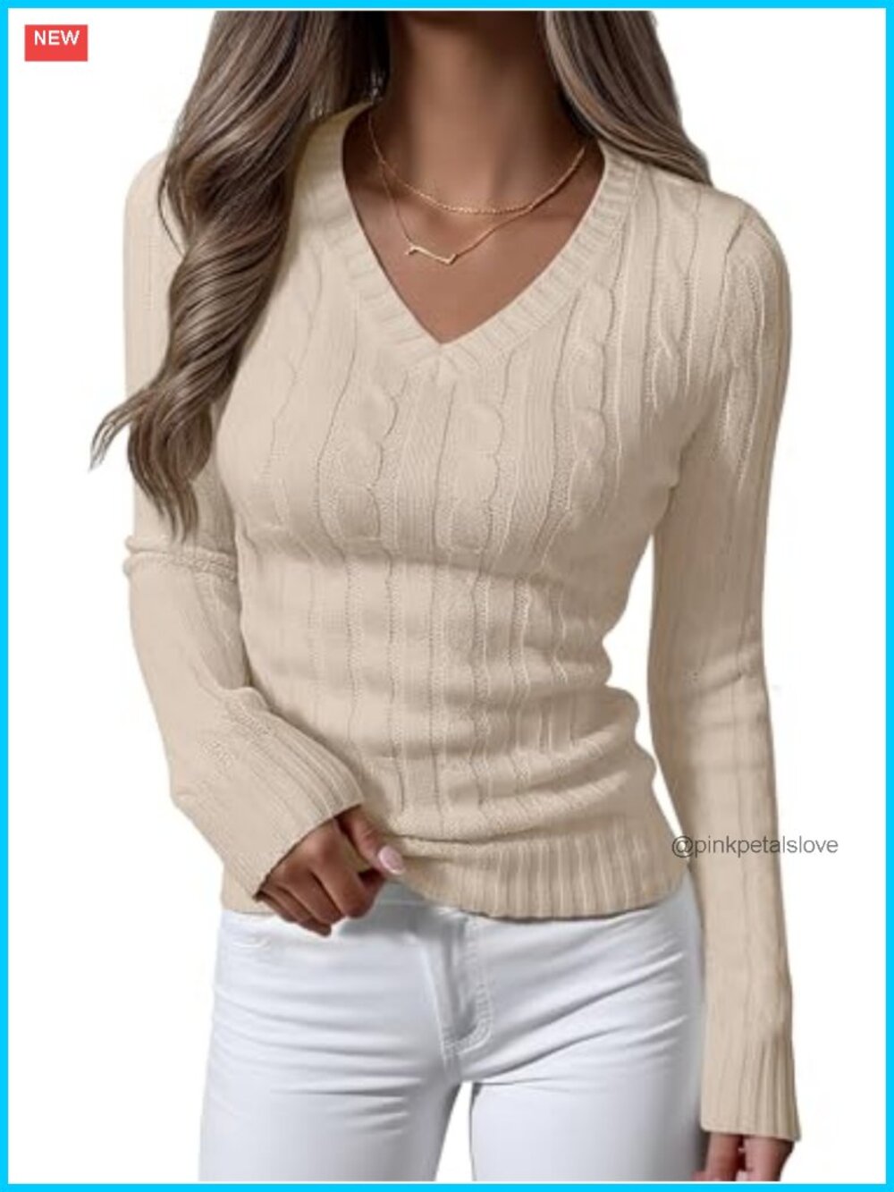 Women's Cable Knit V Neck Long Sleeve Slim Fit Pullover Sweater Top
